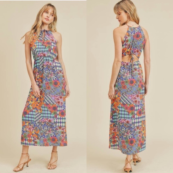 If She Loves Dress Women Small Maxi 70s Floral Cut Out Poppy Reversible  B29 - Picture 2 of 12